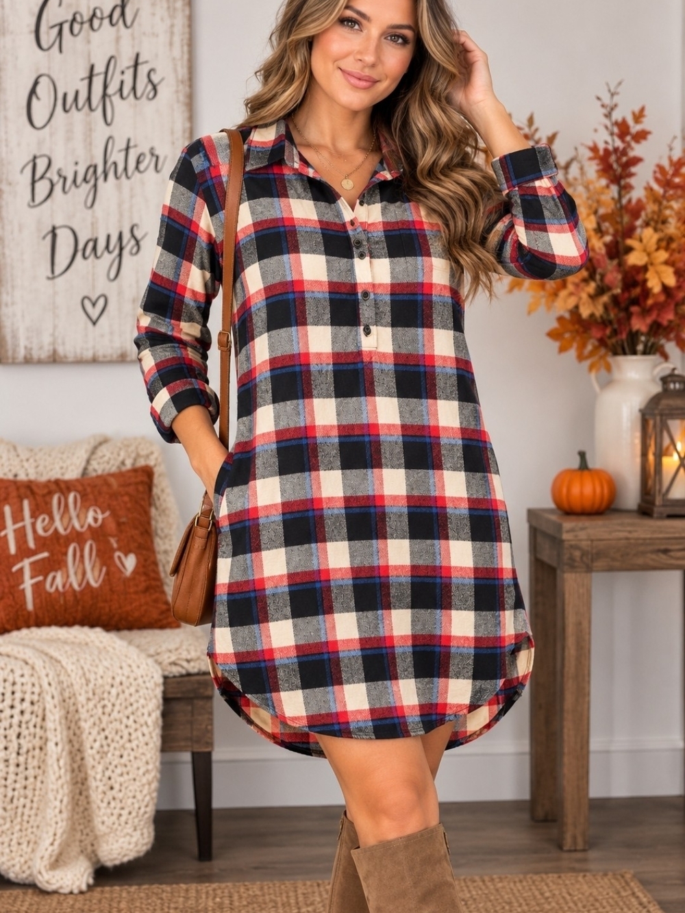Plaid Button-Front Shirt Dress in Red and Cream